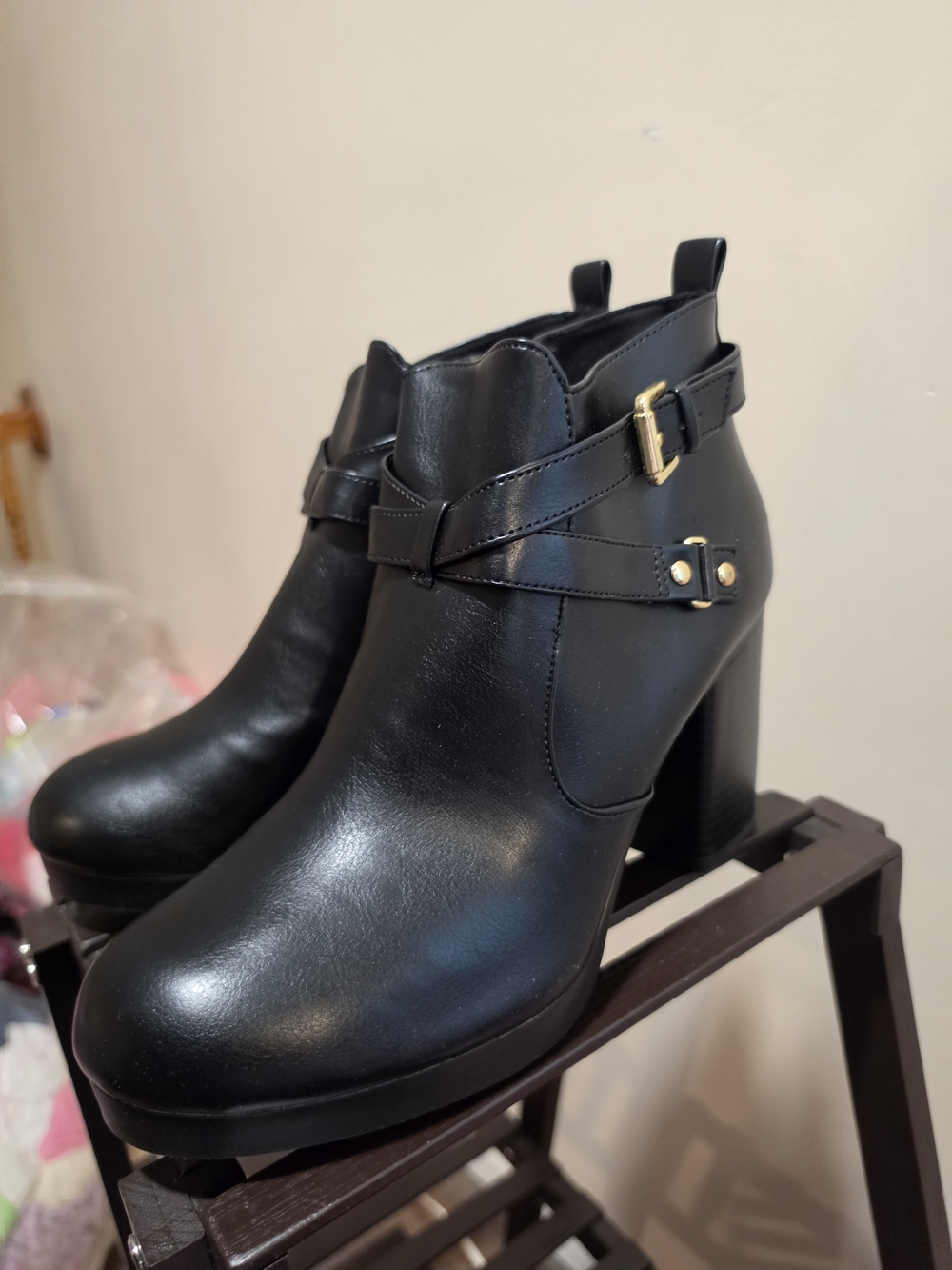 Christian Siriano Black Leather Ankle Booties with Gold Buckle